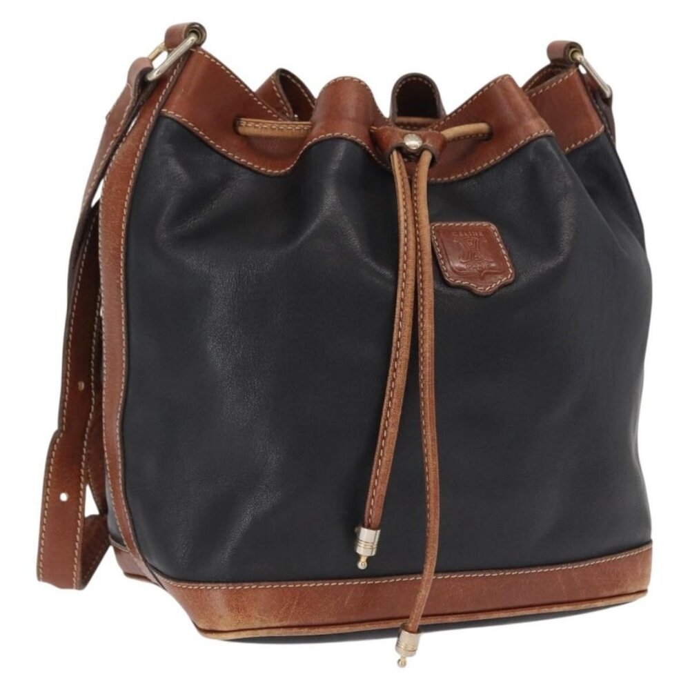Authentic CELINE Shoulder Bag Leather Black Gold